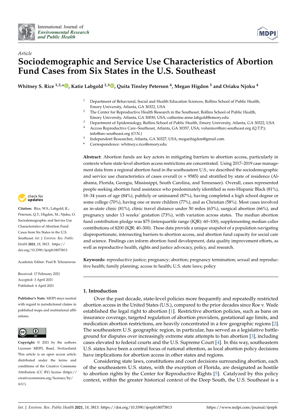Sociodemographic and Service Use Characteristics of Abortion Fund Cases from Six States in the U.S