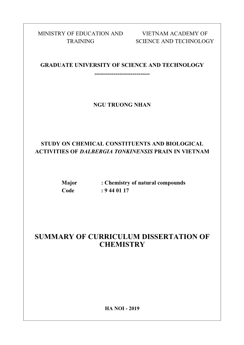 Summary of Curriculum Dissertation of Chemistry