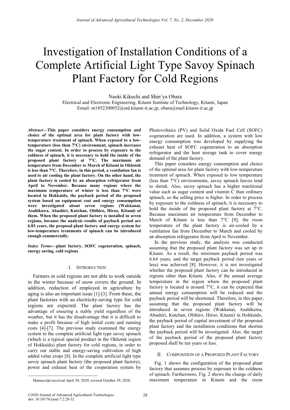 Investigation of Installation Conditions of a Complete Artificial Light Type Savoy Spinach Plant Factory for Cold Regions