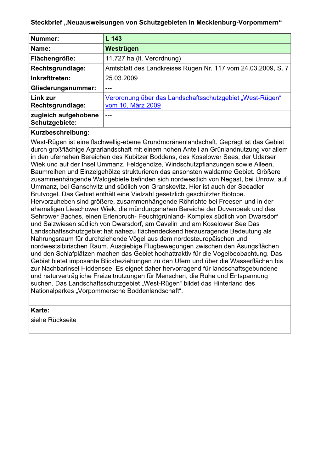 Steckbrief „Neuausweisungen Von Schutzgebieten in Mecklenburg-Vorpommern“