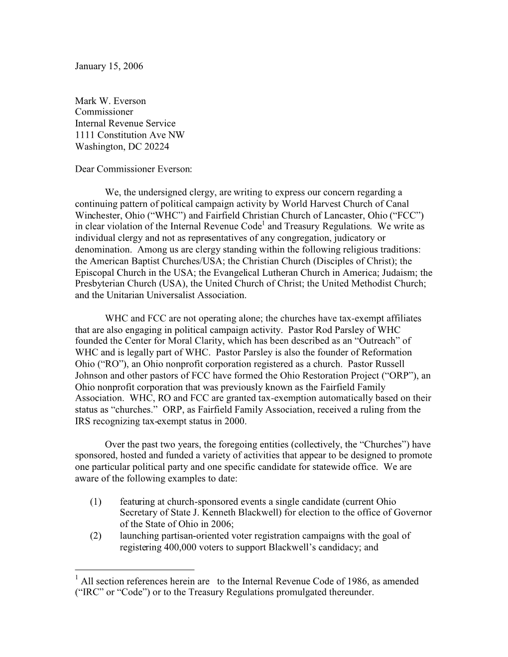 January 15, 2006 Mark W. Everson Commissioner Internal Revenue