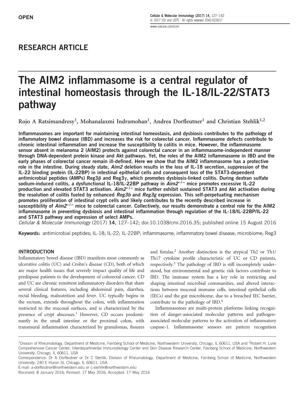 The AIM2 Inflammasome Is a Central Regulator of Intestinal