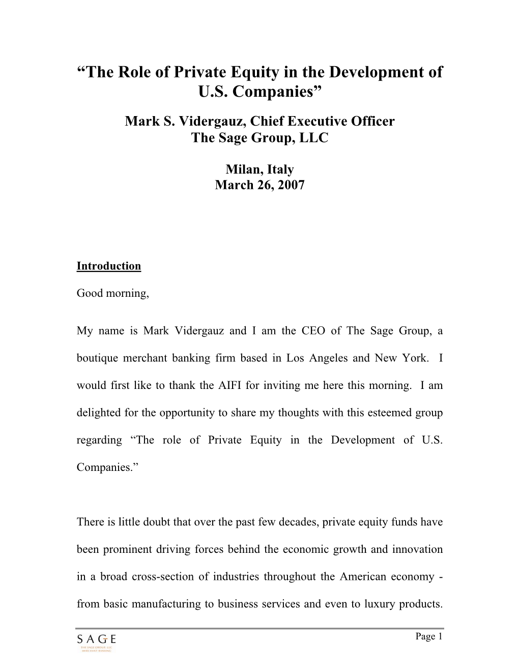 “The Role of Private Equity in the Development of U.S. Companies”