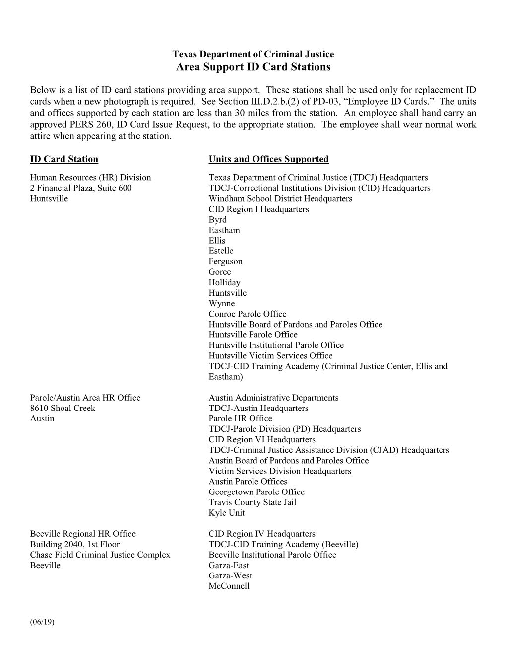 Area Support ID Card Stations