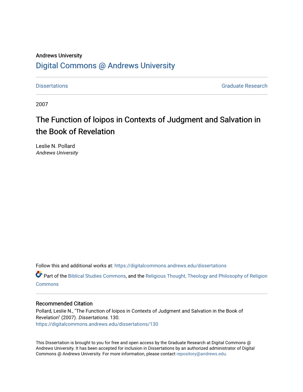 The Function of Loipos in Contexts of Judgment and Salvation in the Book of Revelation