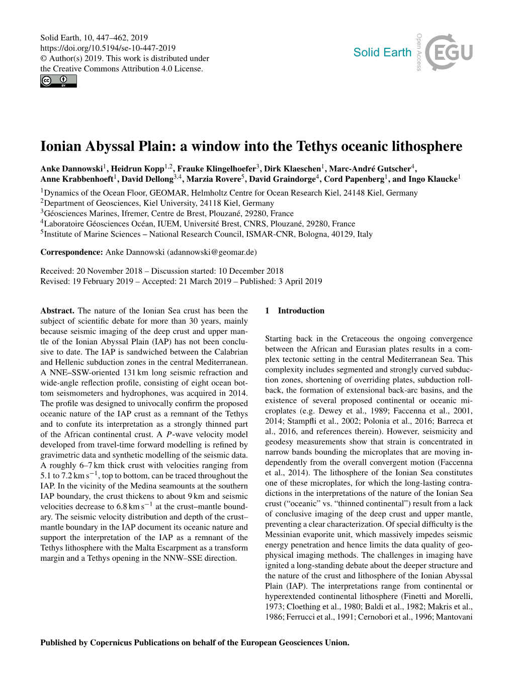 Ionian Abyssal Plain: a Window Into the Tethys Oceanic Lithosphere