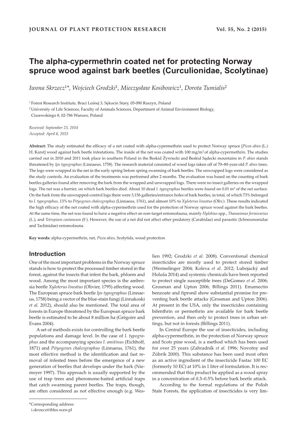 The Alpha-Cypermethrin Coated Net for Protecting Norway Spruce Wood Against Bark Beetles (Curculionidae, Scolytinae)