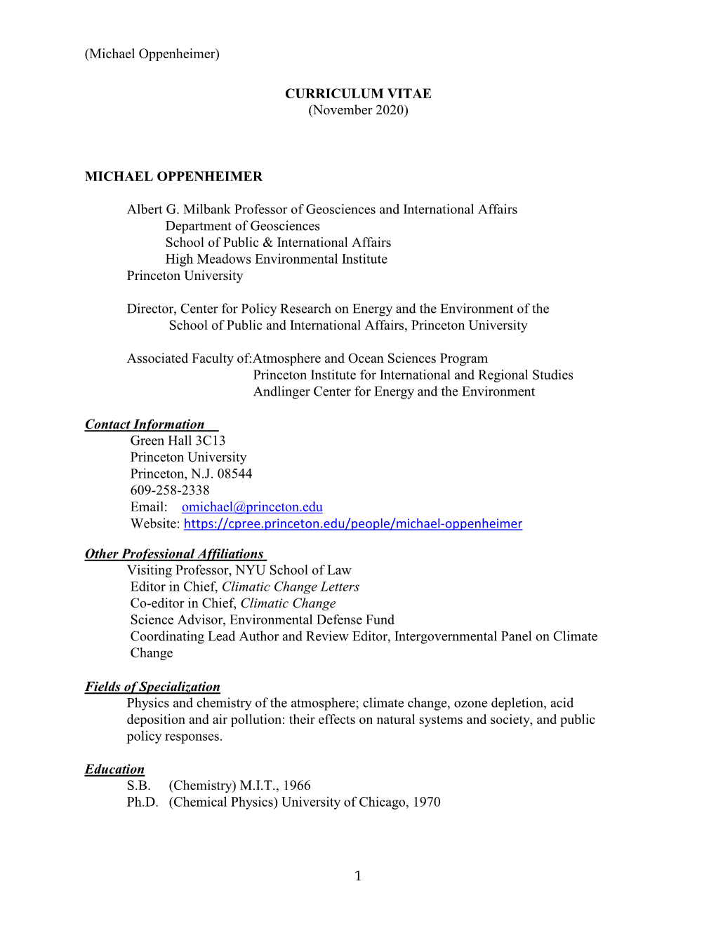 Michael Oppenheimer CV