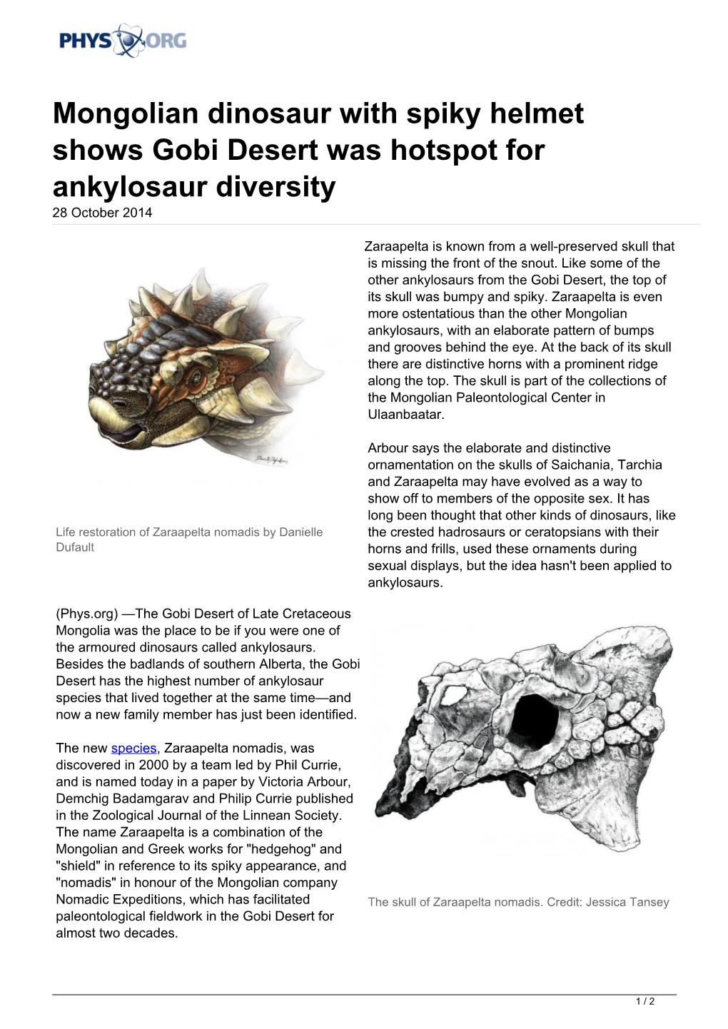 Mongolian Dinosaur with Spiky Helmet Shows Gobi Desert Was Hotspot for Ankylosaur Diversity 28 October 2014