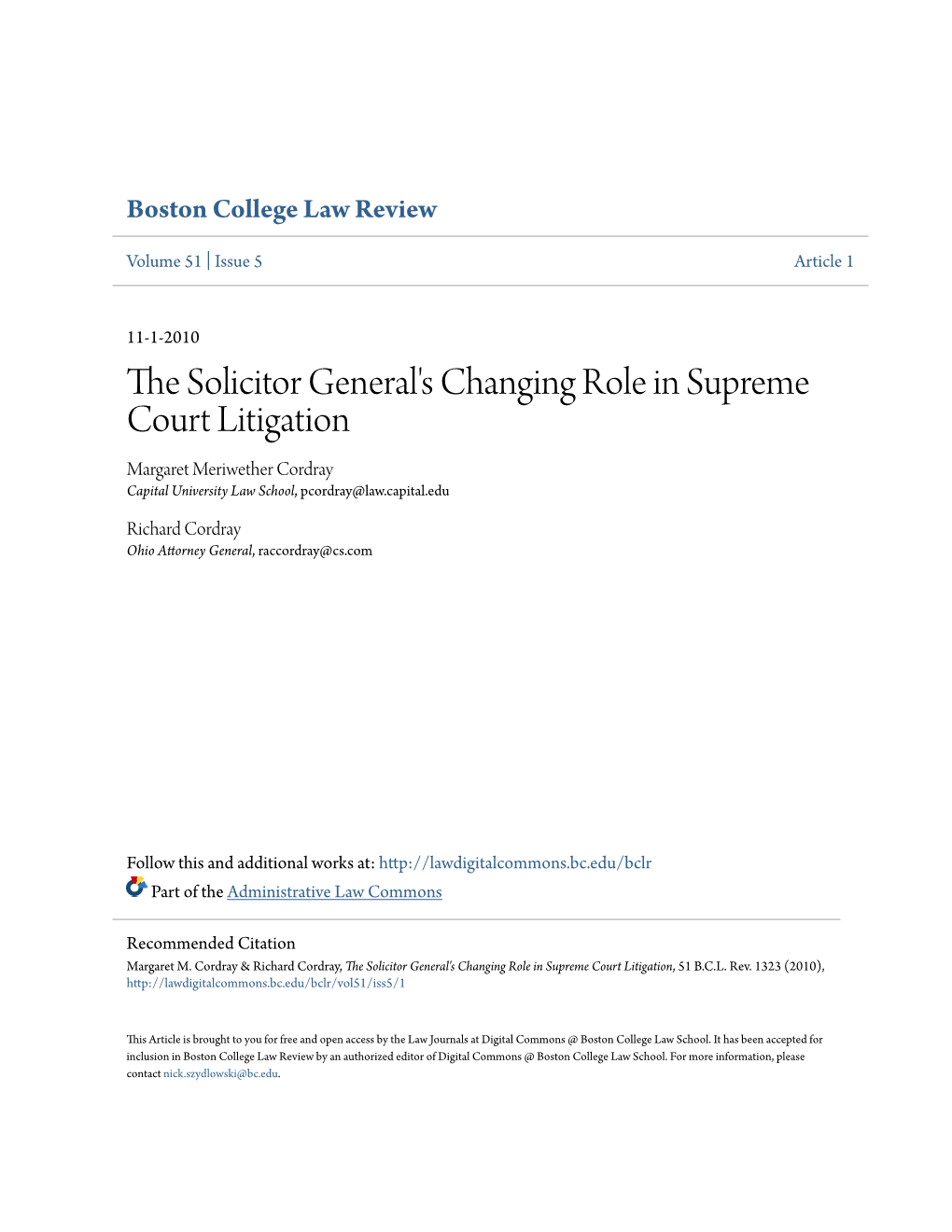 The Solicitor General's Changing Role in Supreme Court Litigation, 51 B.C.L