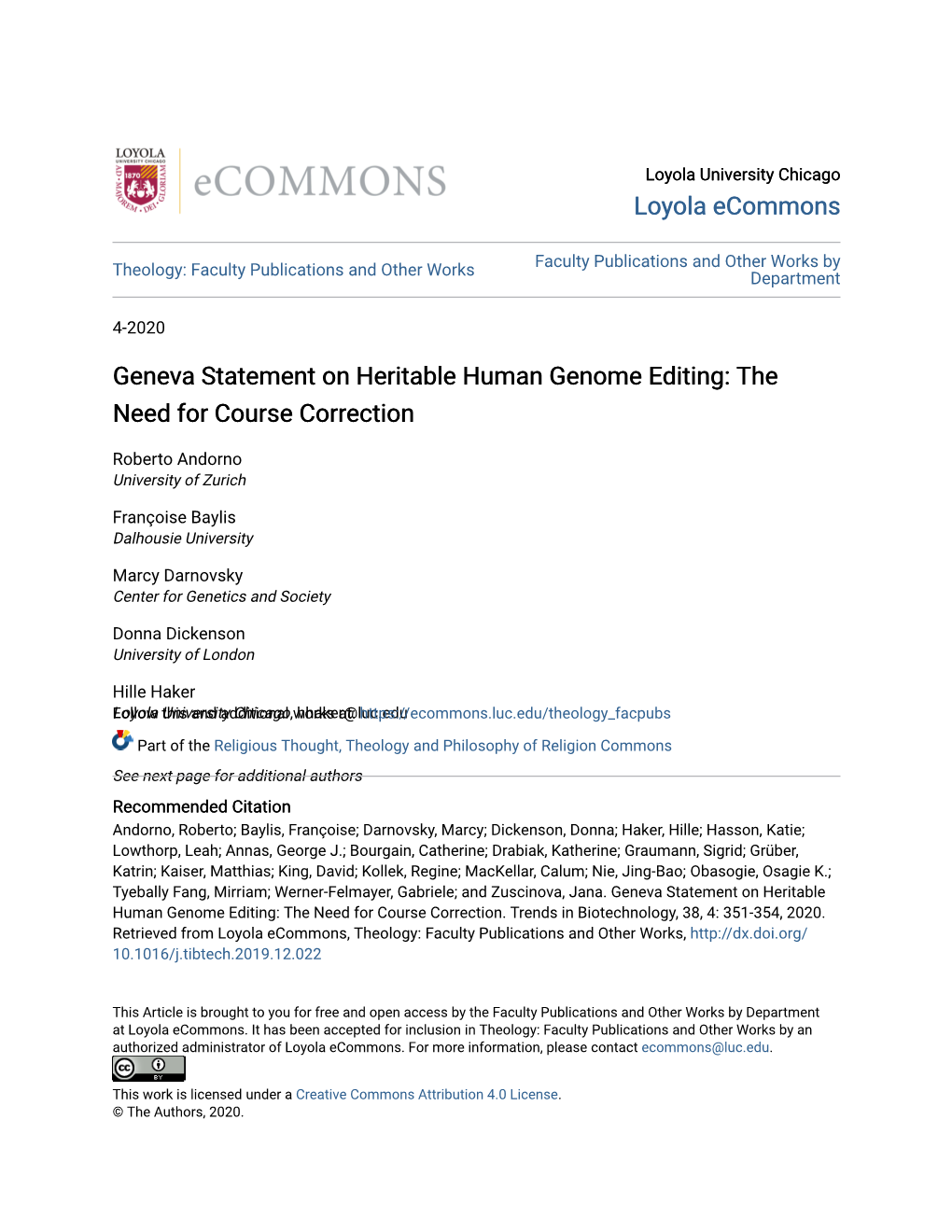 Geneva Statement on Heritable Human Genome Editing: the Need for Course Correction