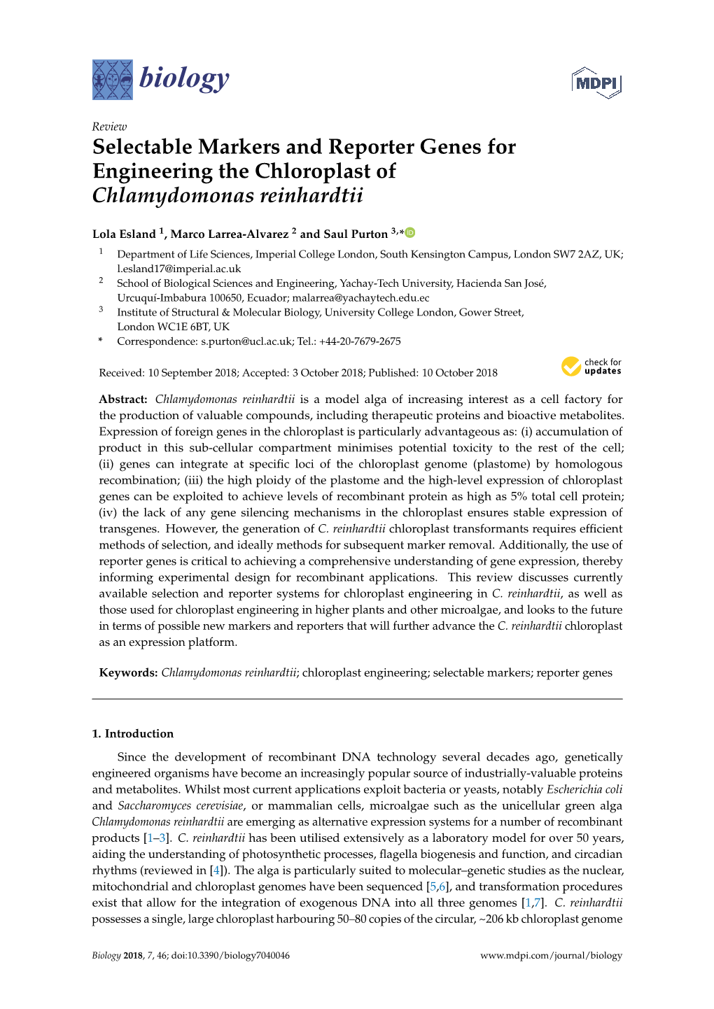 Selectable Markers and Reporter Genes for Engineering the Chloroplast of Chlamydomonas Reinhardtii