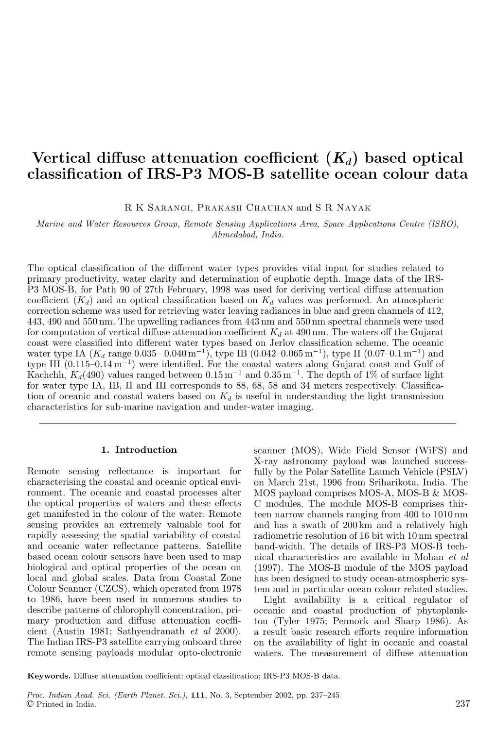 Vertical Diffuse Attenuation Coefficient (K <Subscript>D </Subscript