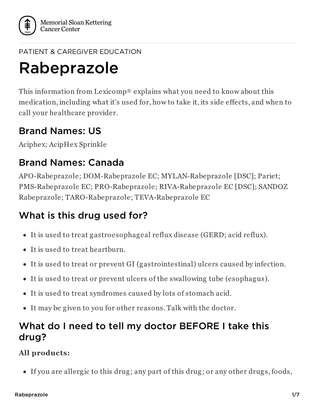 Rabeprazole | Memorial Sloan Kettering Cancer Center