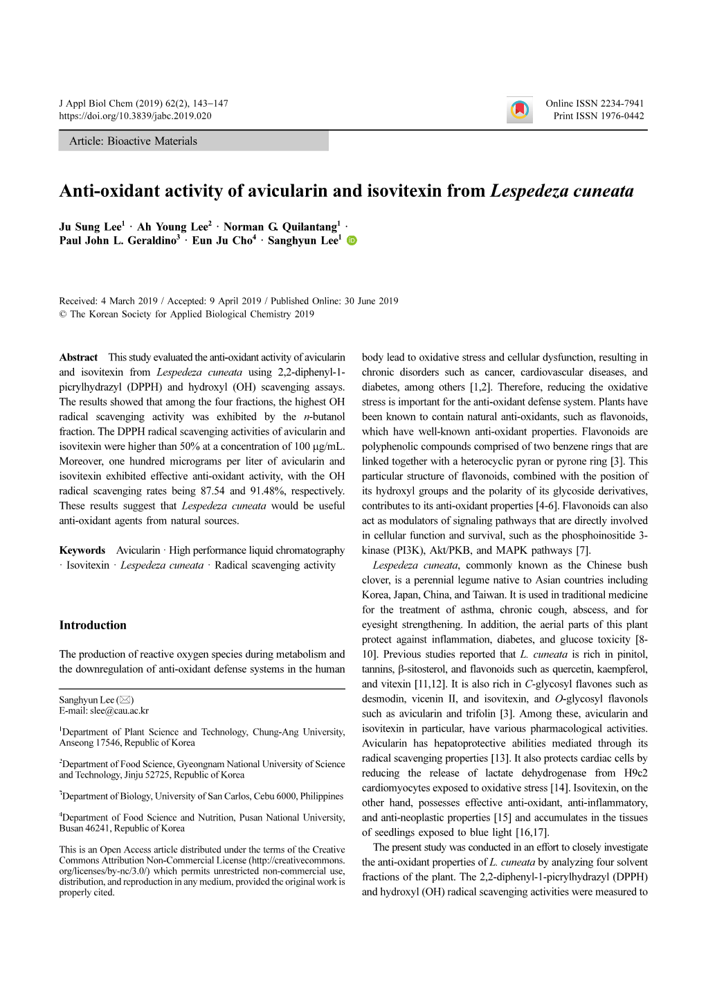 Anti-Oxidant Activity of Avicularin and Isovitexin from Lespedeza Cuneata