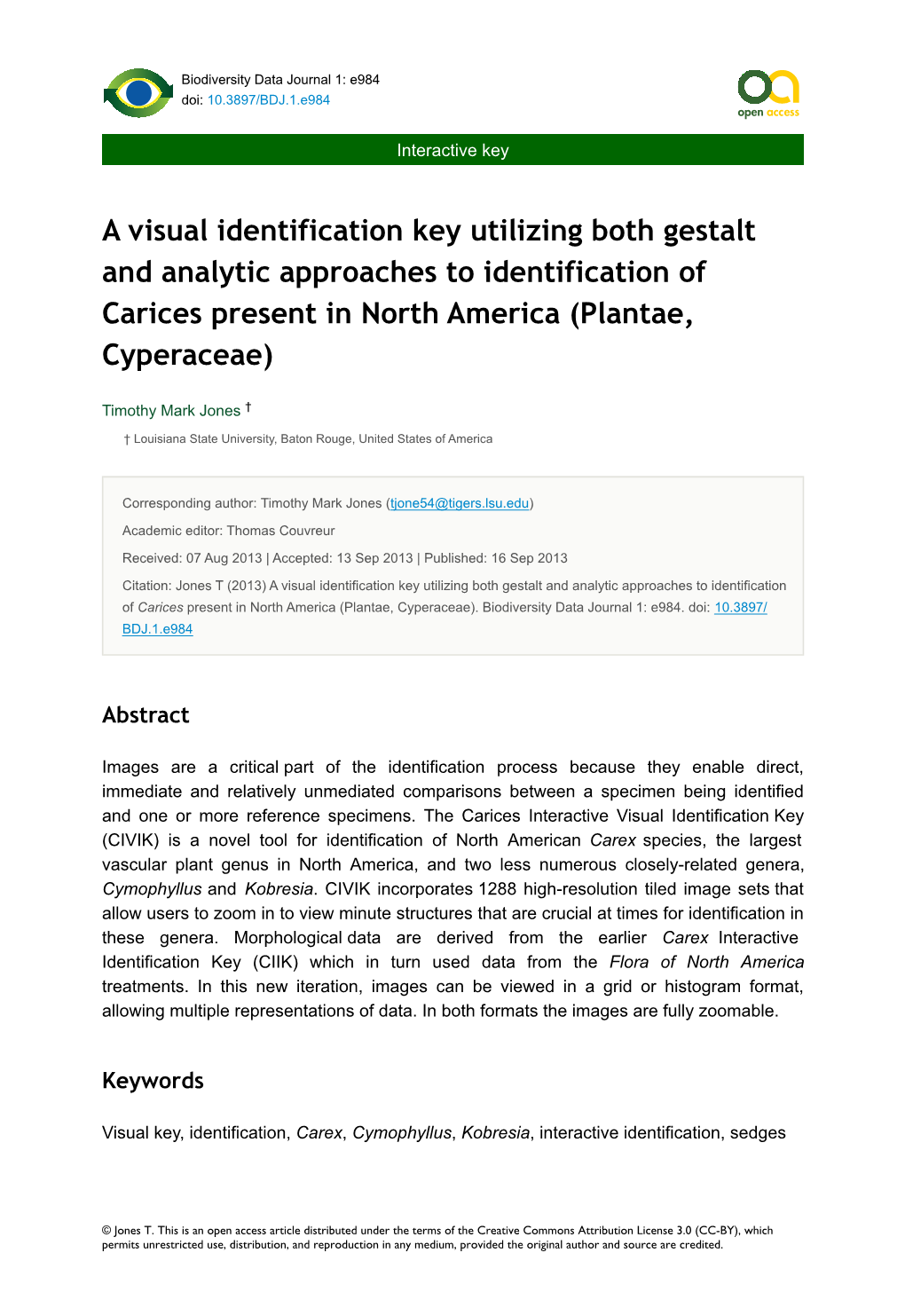 A Visual Identification Key Utilizing Both Gestalt and Analytic Approaches to Identification of Carices Present in North America (Plantae, Cyperaceae)