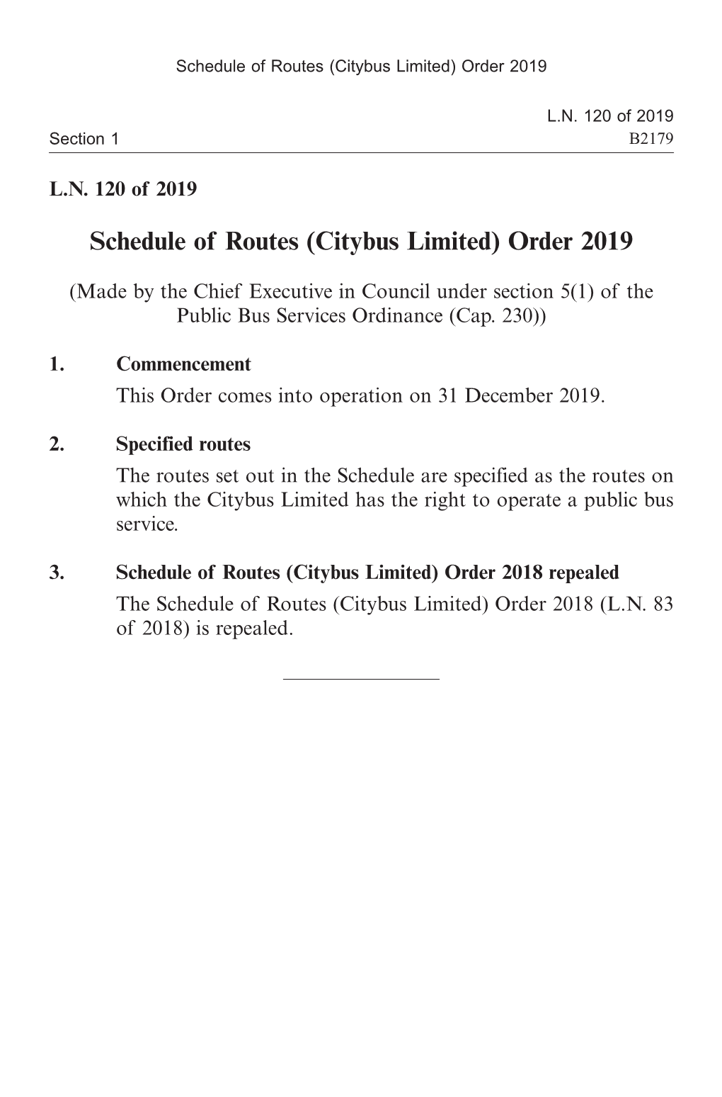 Schedule of Routes (Citybus Limited) Order 2019