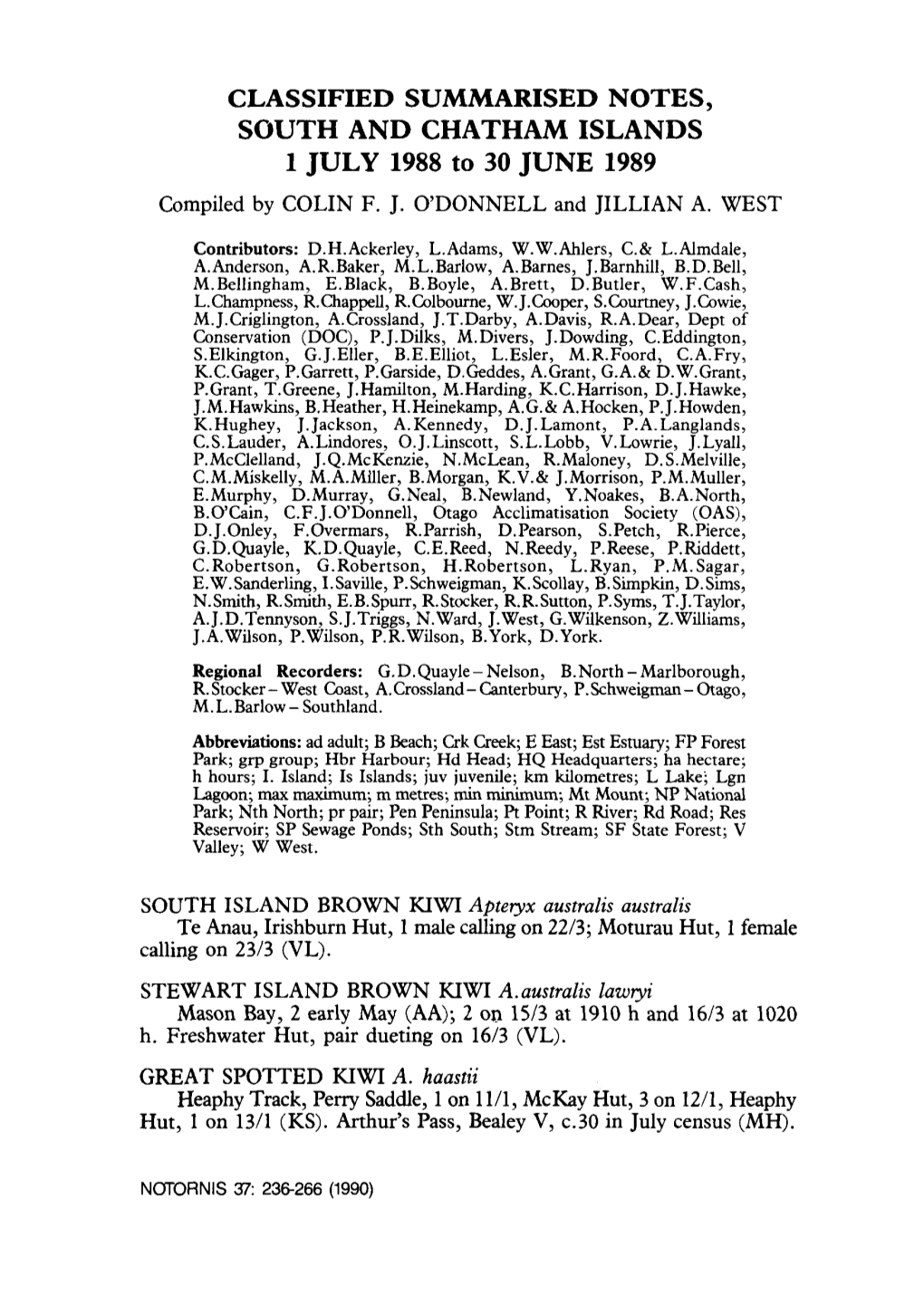 CLASSIFIED SUMMARISED NOTES, SOUTH and CHATHAM ISLANDS 1 JULY 1988 to 30 JUNE 1989 Compiled by COLIN F