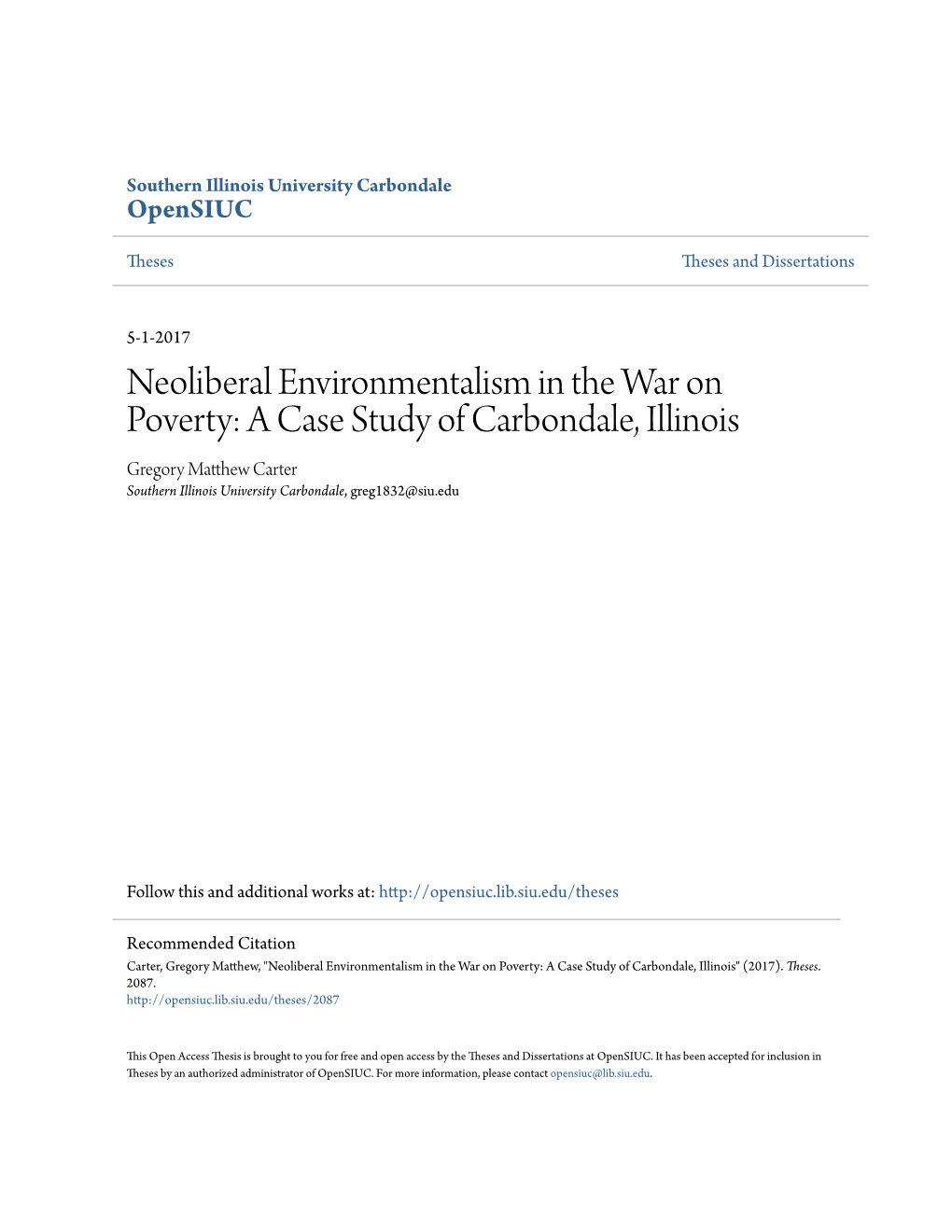 A Case Study of Carbondale, Illinois Gregory Matthew Ac Rter Southern Illinois University Carbondale, Greg1832@Siu.Edu