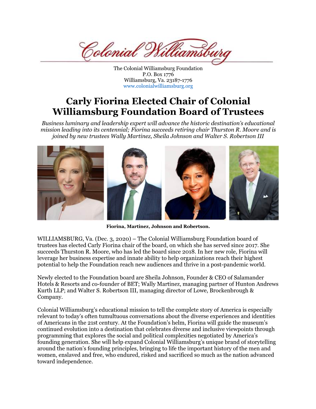 Carly Fiorina Elected Chair of Colonial Williamsburg Foundation Board Of