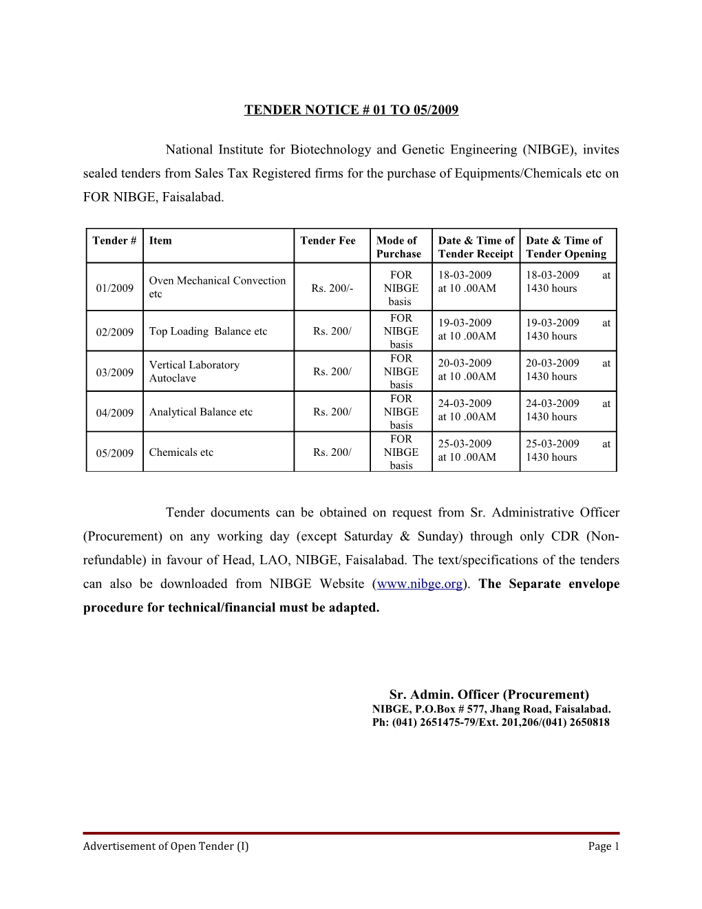 Tender Notice # 01 to 05/2009