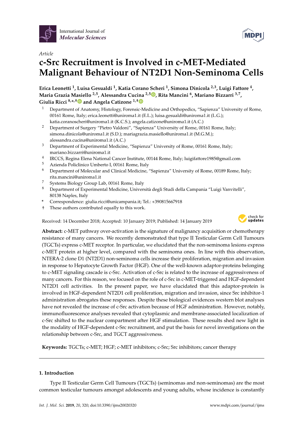 C-Src Recruitment Is Involved in C-MET-Mediated Malignant Behaviour of NT2D1 Non-Seminoma Cells
