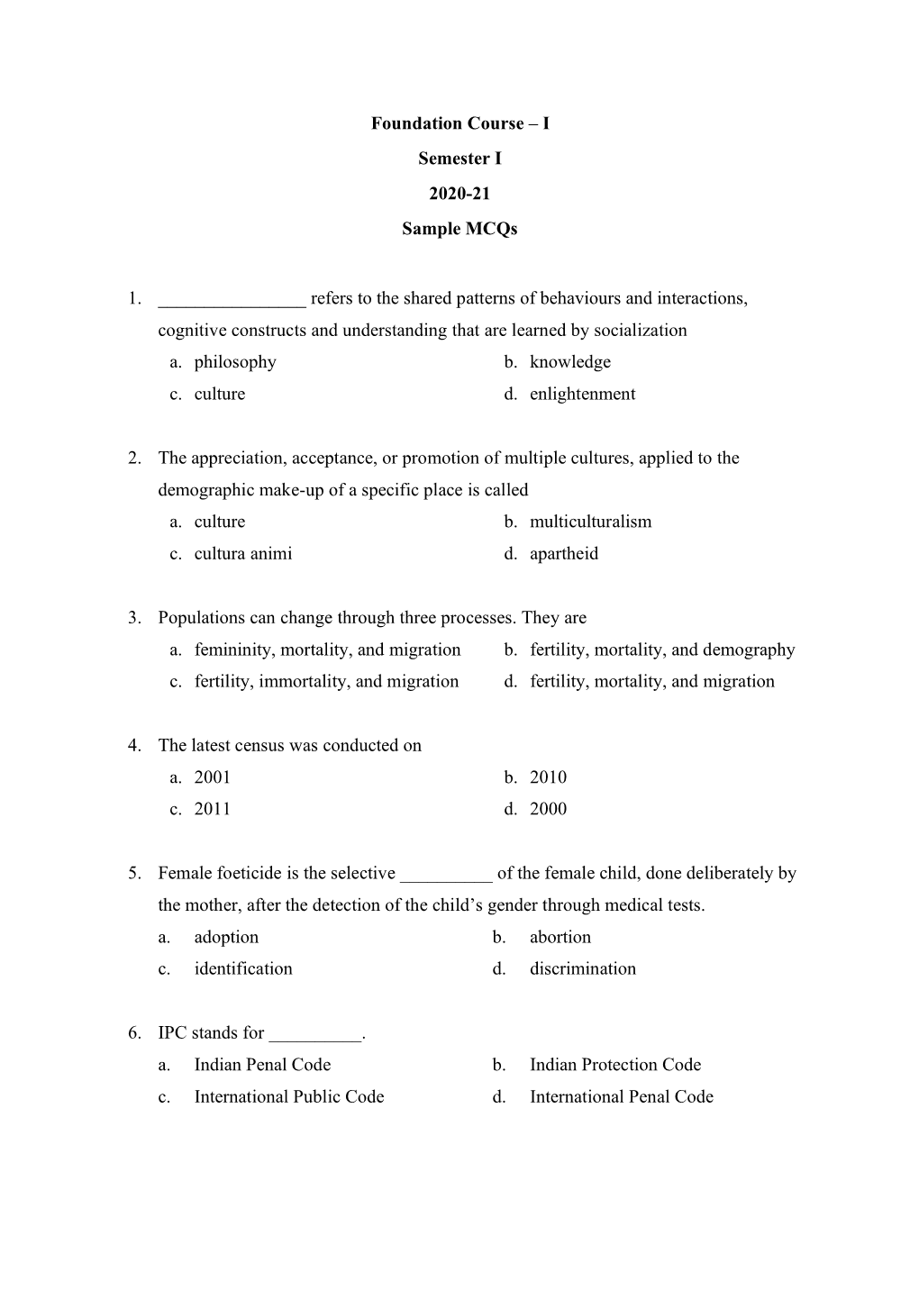 Foundation Course – I Semester I 2020-21 Sample Mcqs 1