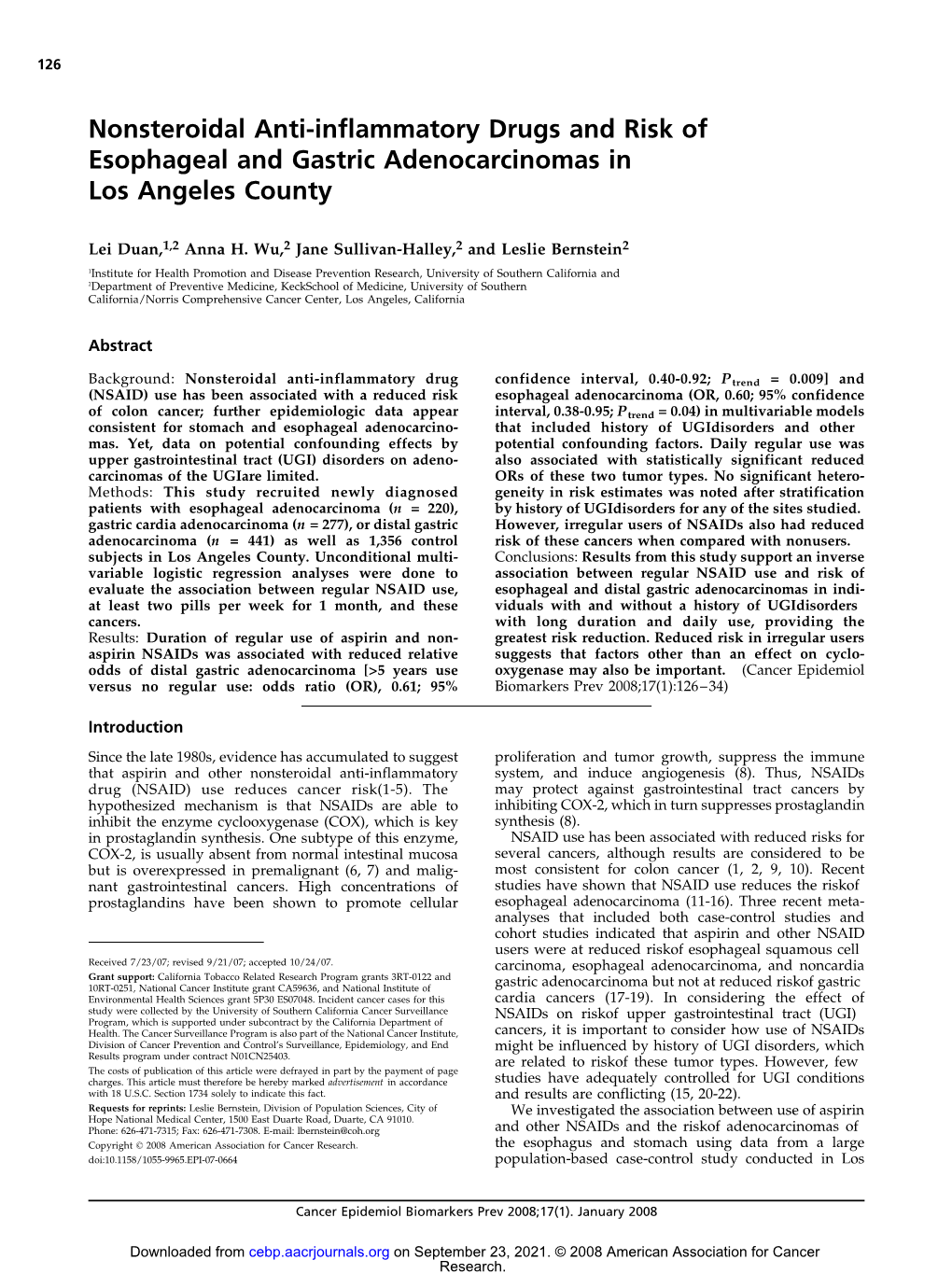 Nonsteroidal Anti-Inflammatory Drugs and Risk of Esophageal and Gastric Adenocarcinomas in Los Angeles County