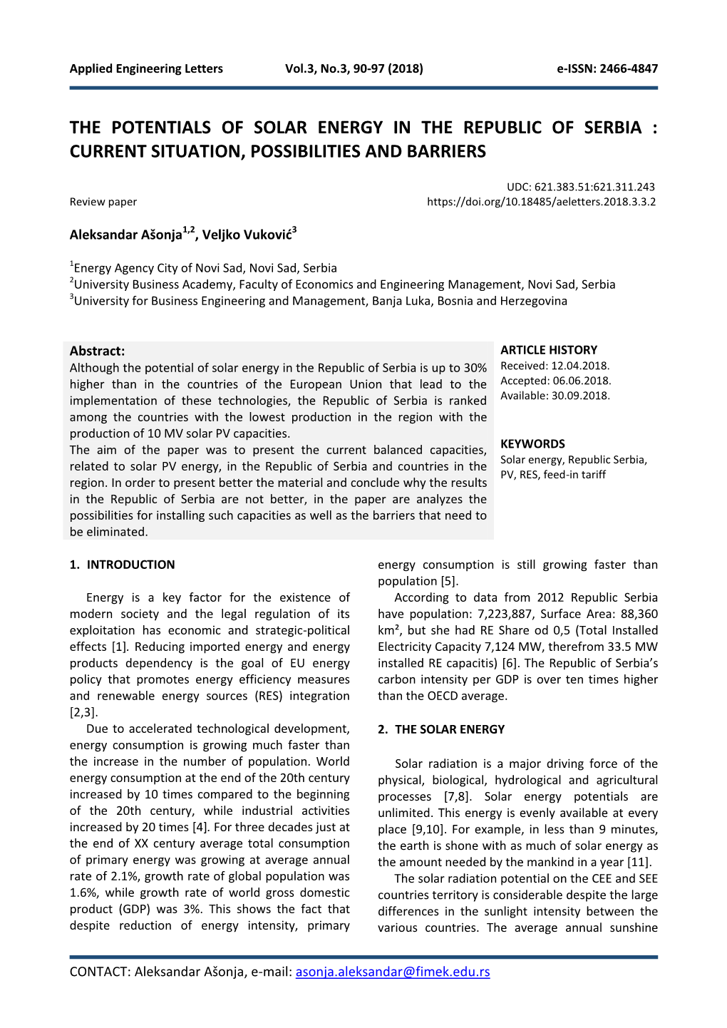 The Potentials of Solar Energy in the Republic of Serbia : Current Situation, Possibilities and Barriers