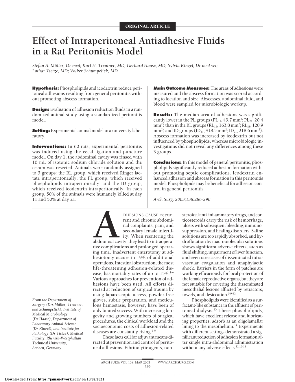 Effect of Intraperitoneal Antiadhesive Fluids in a Rat Peritonitis Model