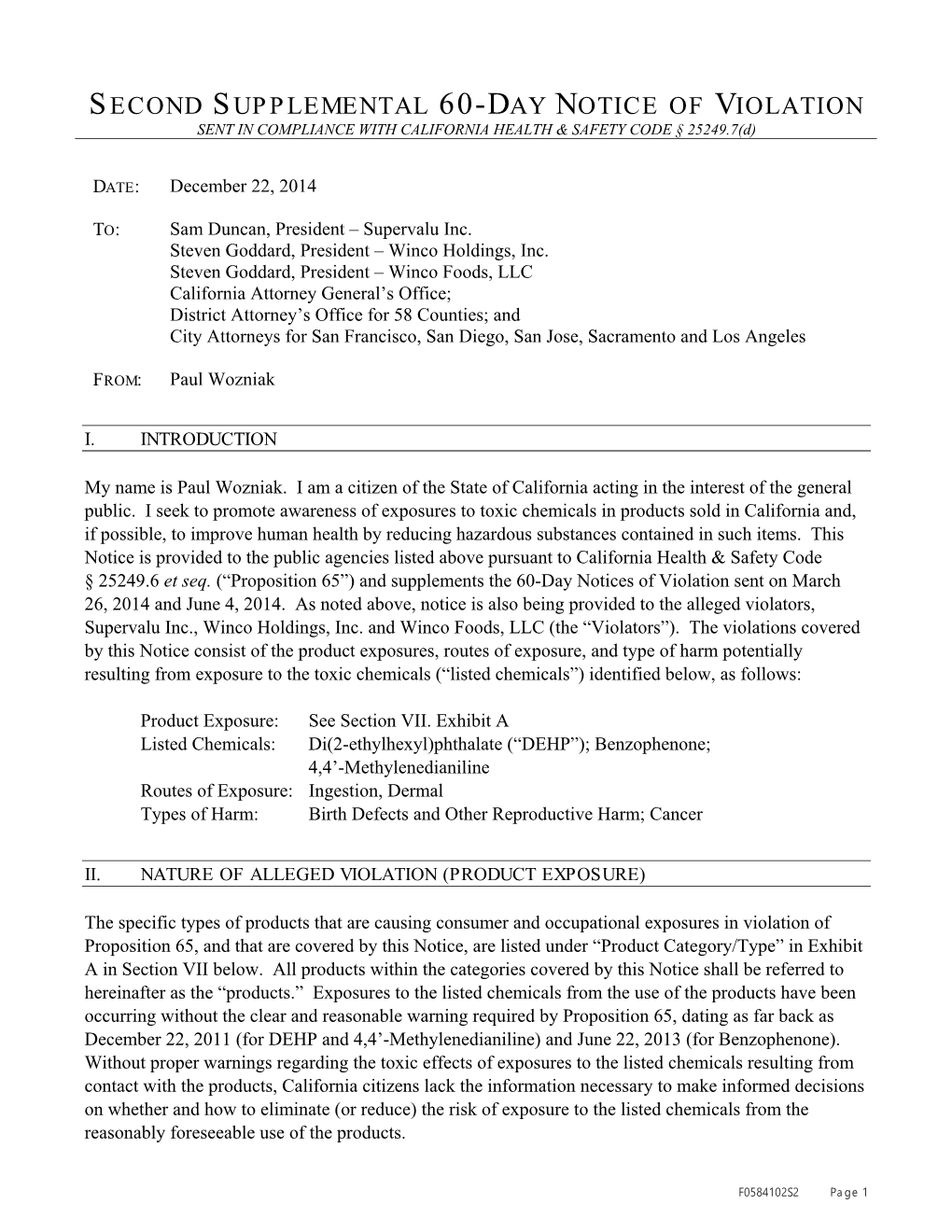 SECOND SUPPLEMENTAL 60-DAY NOTICE of VIOLATION SENT in COMPLIANCE with HEALTH & SAFETY CODE § 25249.7(D);