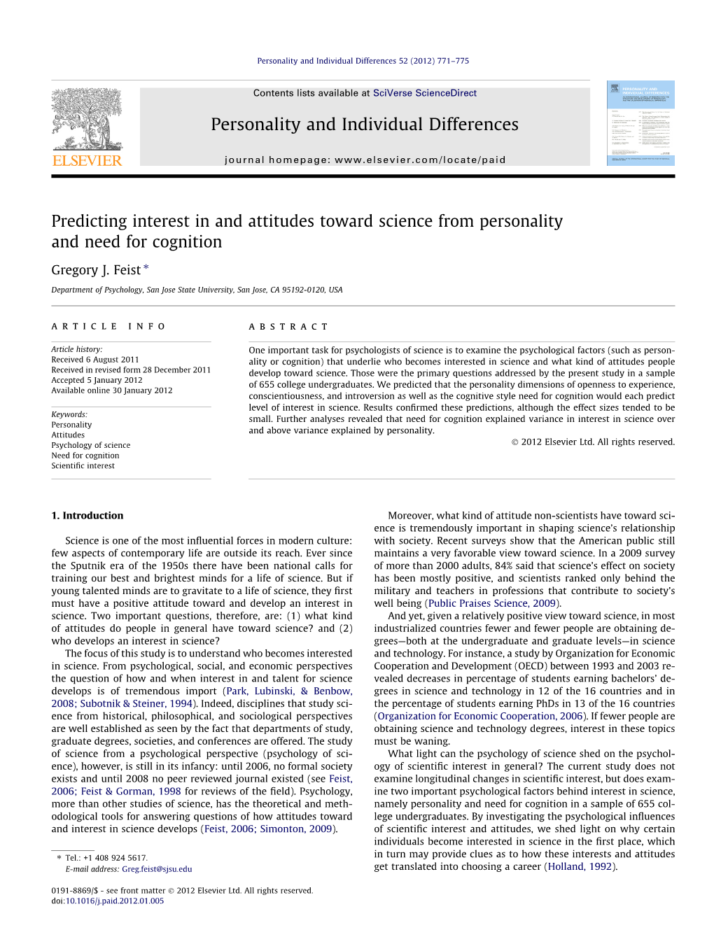 Predicting Interest in and Attitudes Toward Science from Personality and Need for Cognition ⇑ Gregory J