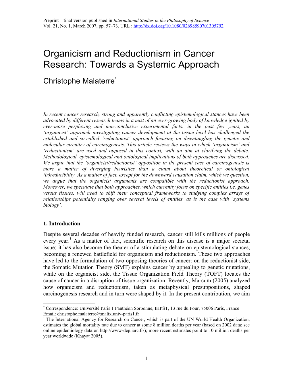 Organicism and Reductionism in Cancer Research: Towards a Systemic Approach