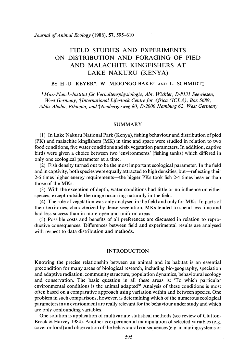 Field Studies and Experiments on Distribution and Foraging of Pied and Malachite Kingfishers at Lake Nakuru (Kenya) by H.-U