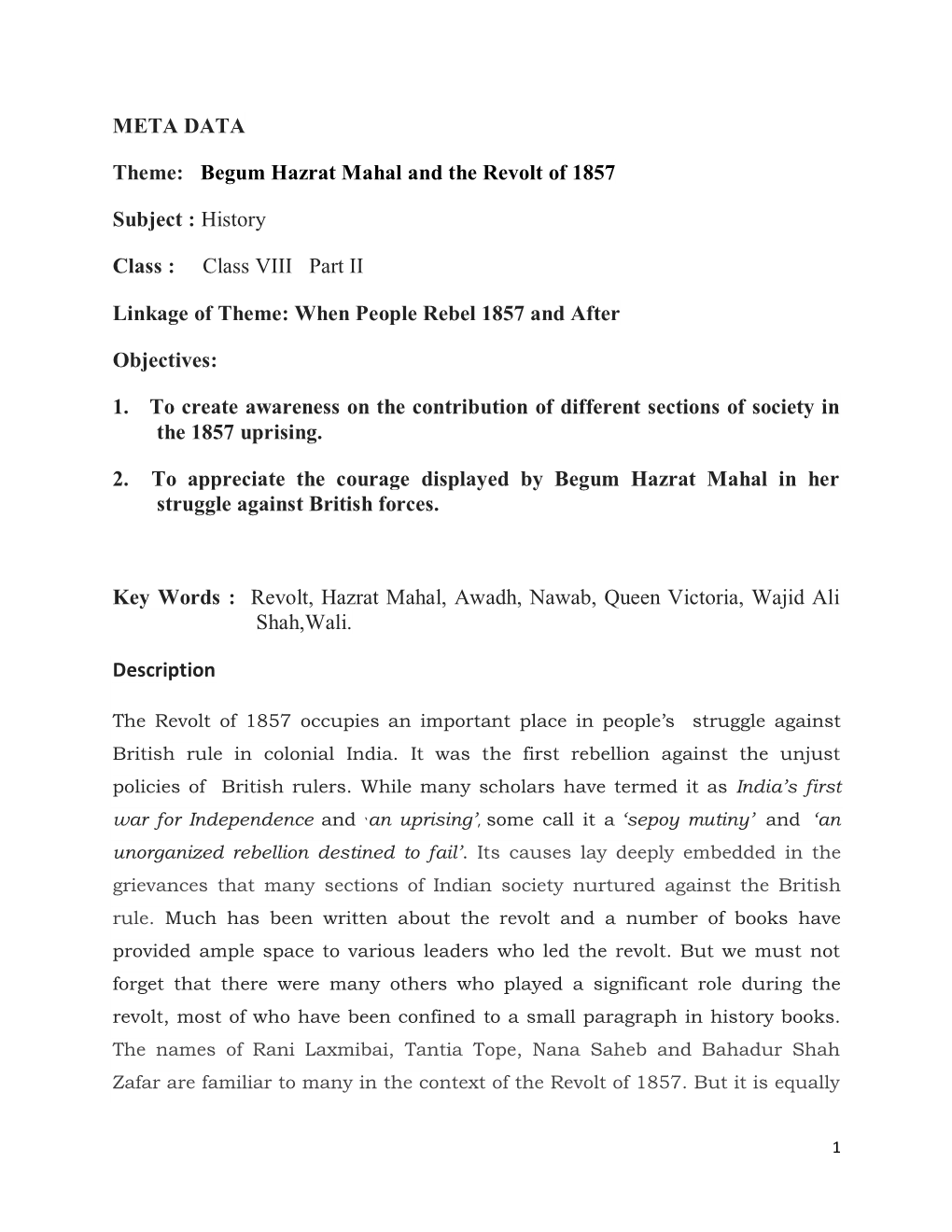 Begum Hazrat Mahal and the Revolt of 1857 Subject