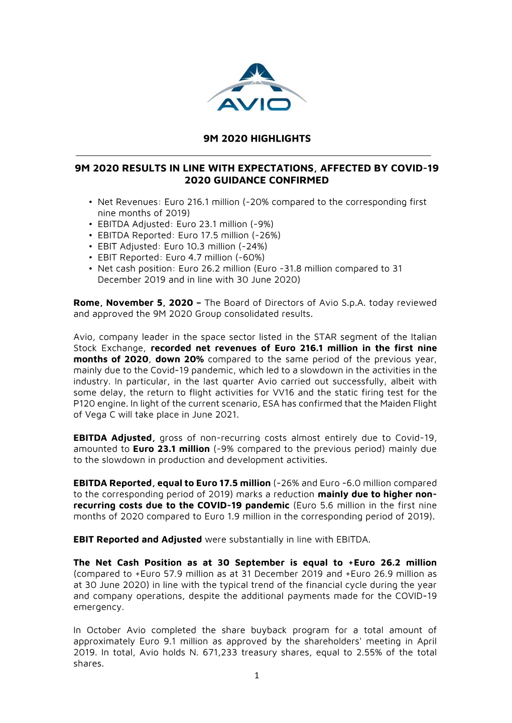 9M 2020 Highlights 9M 2020 Results in Line with Expectations, Affected by Covid-19 2020 Guidance Confirmed