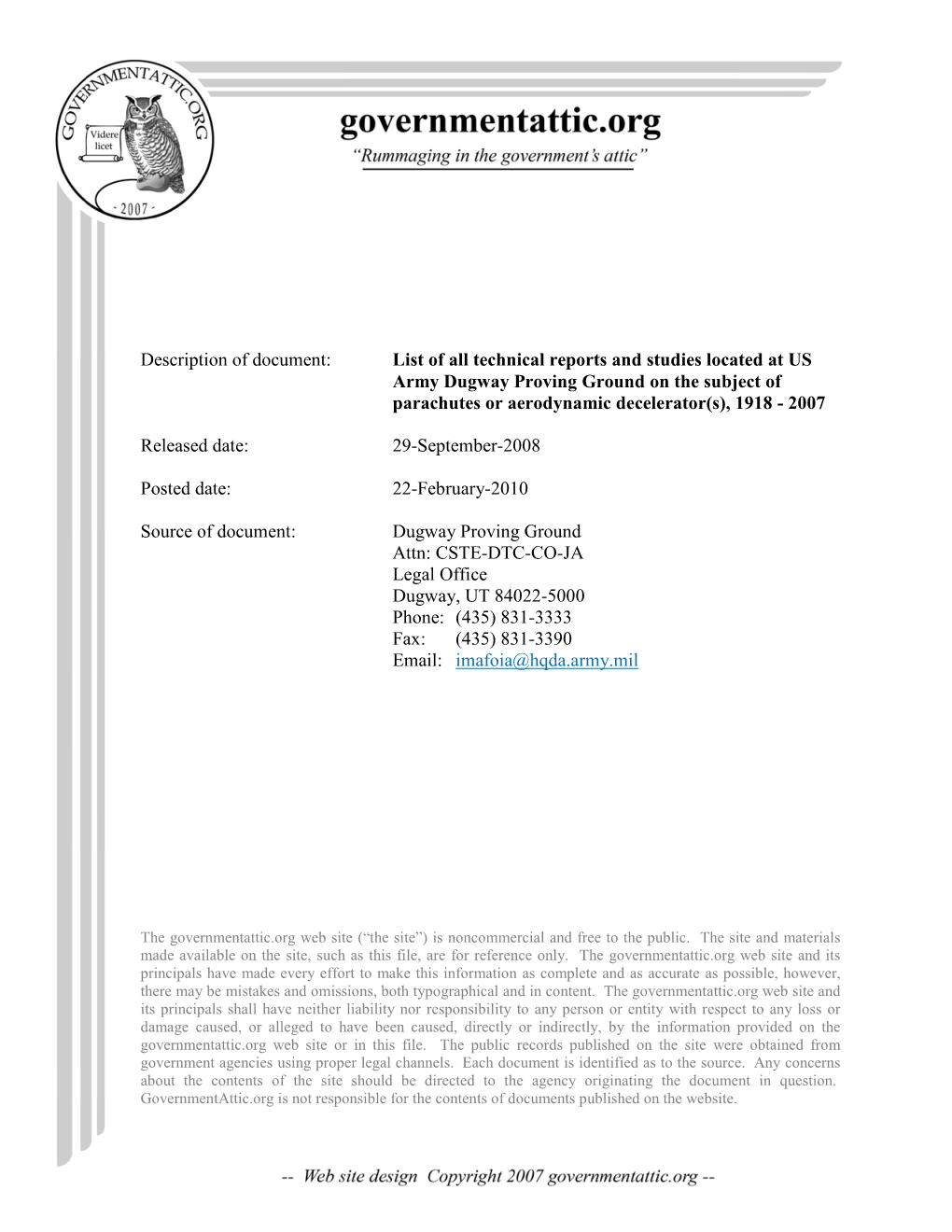 List of All Technical Reports and Studies Located at US Army Dugway Proving Ground on the Subject of Parachutes Or Aerodynamic Decelerator(S), 1918 - 2007