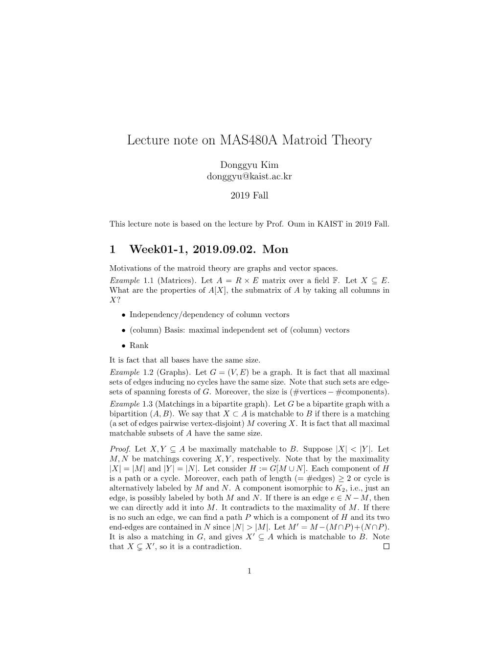 Lecture Note on MAS480A Matroid Theory