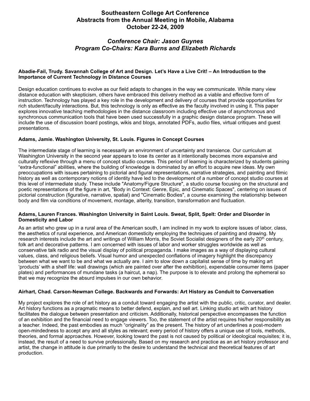 Southeastern College Art Conference Abstracts from the Annual Meeting in Mobile, Alabama October 22-24, 2009