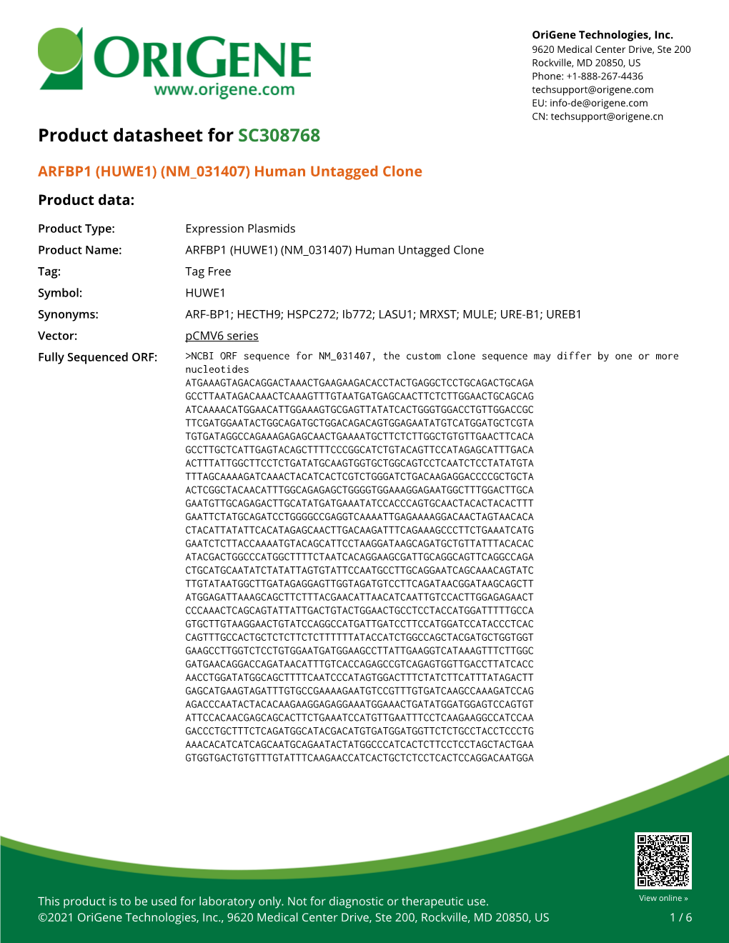 ARFBP1 (HUWE1) (NM 031407) Human Untagged Clone Product Data