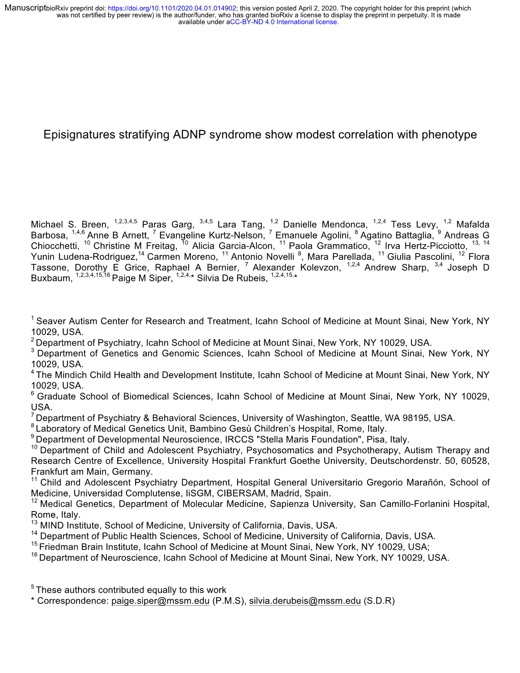 Episignatures Stratifying ADNP Syndrome Show Modest Correlation with Phenotype