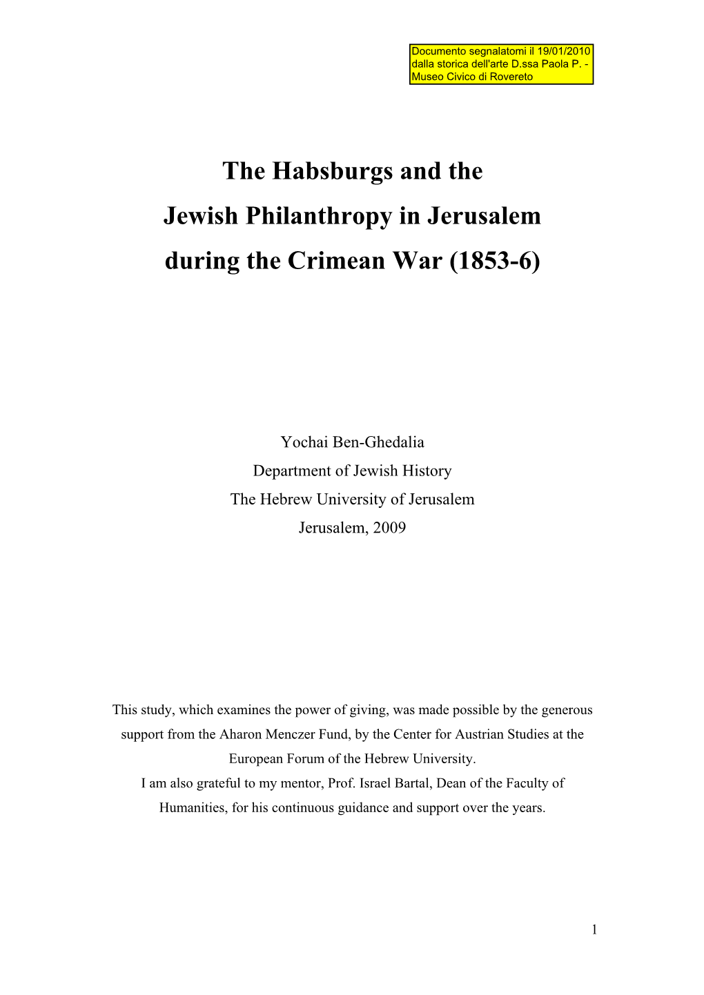 The Habsburgs and the Jewish Philanthropy in Jerusalem During the Crimean War (1853-6)