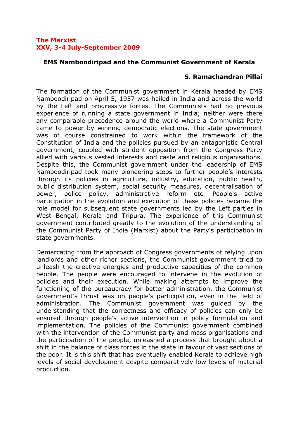 EMS Namboodiripad and the Communist Government of Kerala