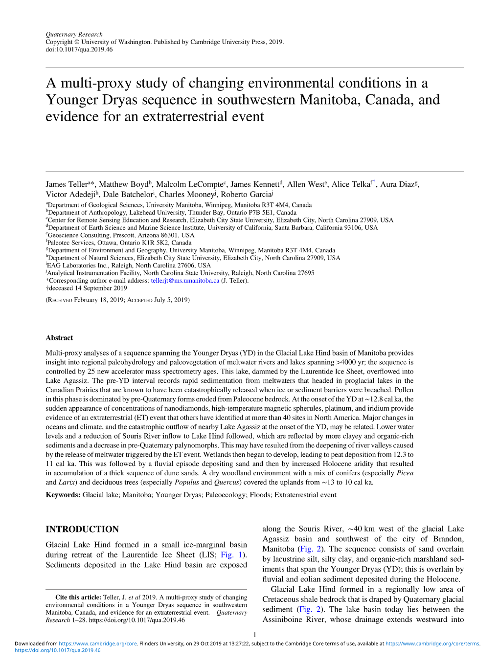 A Multi-Proxy Study of Changing Environmental Conditions in a Younger Dryas Sequence in Southwestern Manitoba, Canada, and Evidence for an Extraterrestrial Event