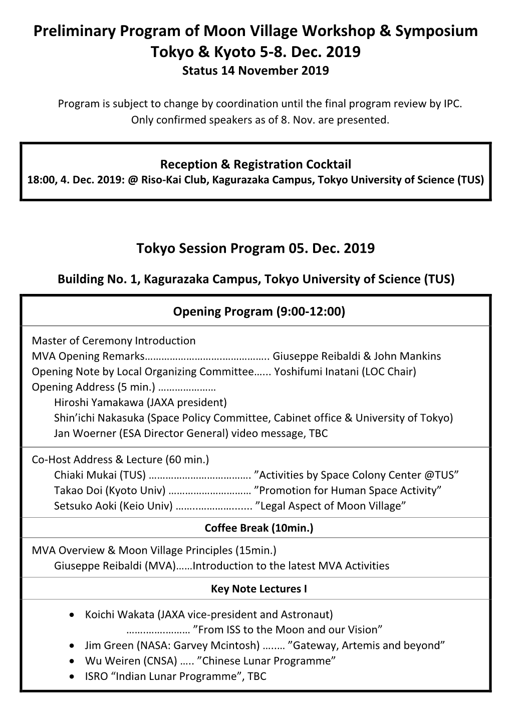 Preliminary Program of Moon Village Workshop & Symposium Tokyo