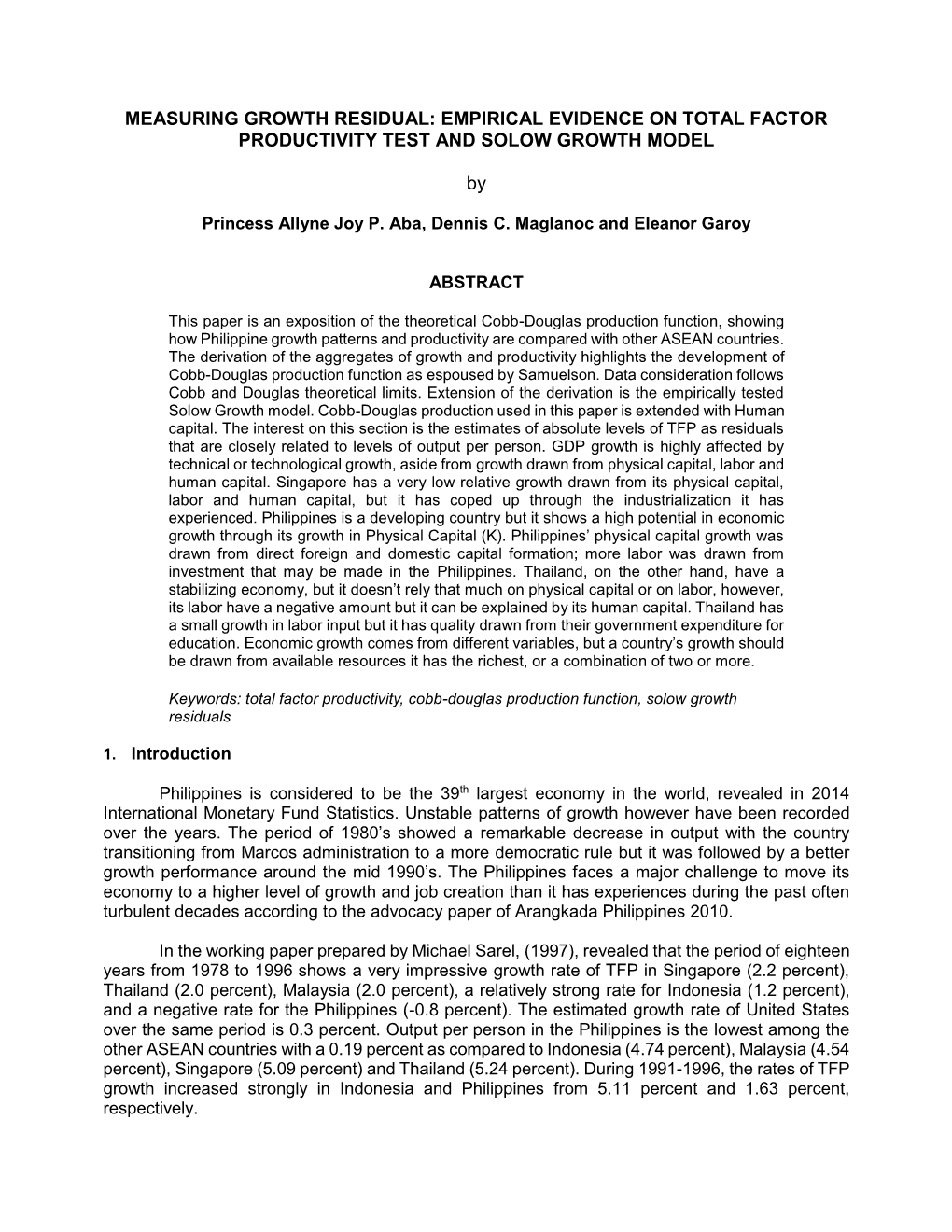 Empirical Evidence on Total Factor Productivity Test and Solow Growth Model