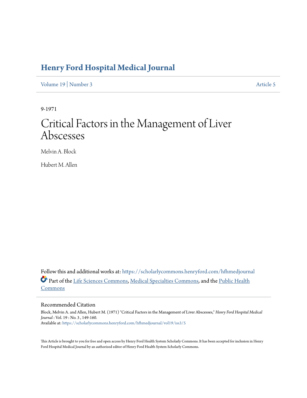 Critical Factors in the Management of Liver Abscesses Melvin A