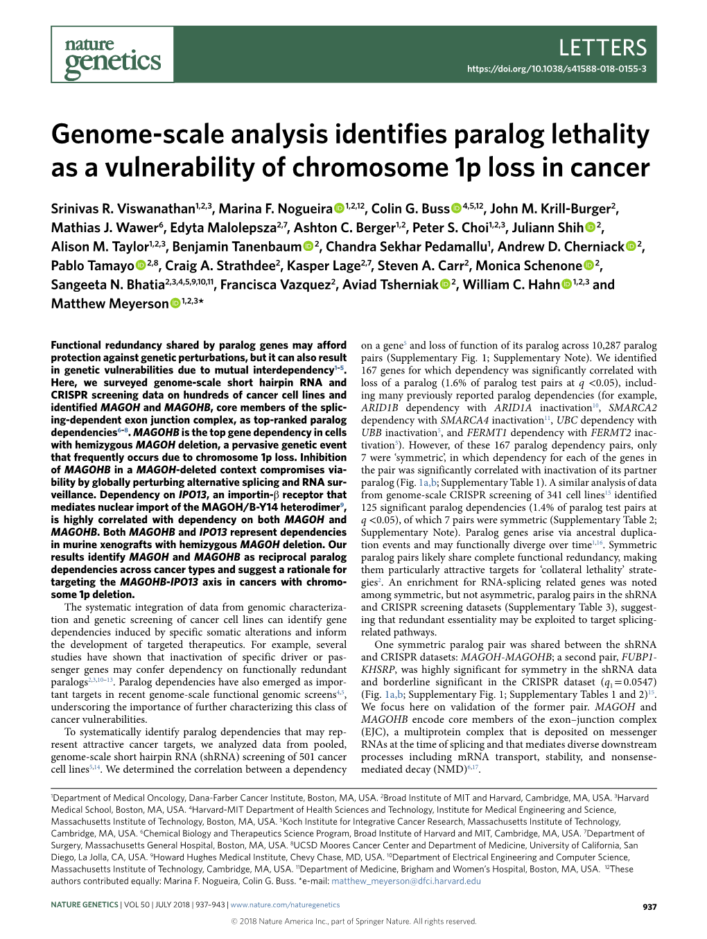 Genome-Scale Analysis Identifies Paralog Lethality As a Vulnerability of Chromosome 1P Loss in Cancer