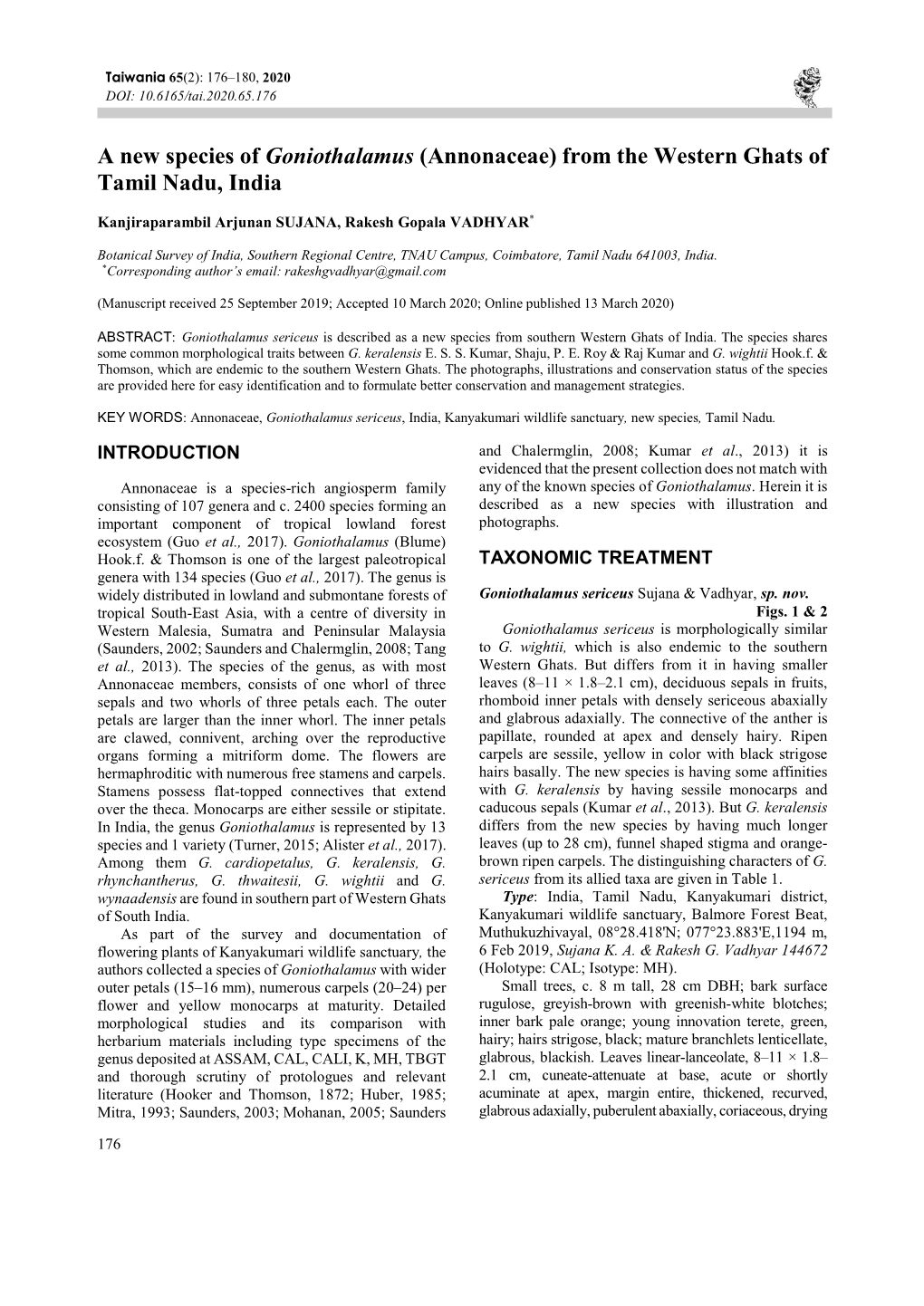 A New Species of Goniothalamus (Annonaceae) from the Western Ghats of Tamil Nadu, India