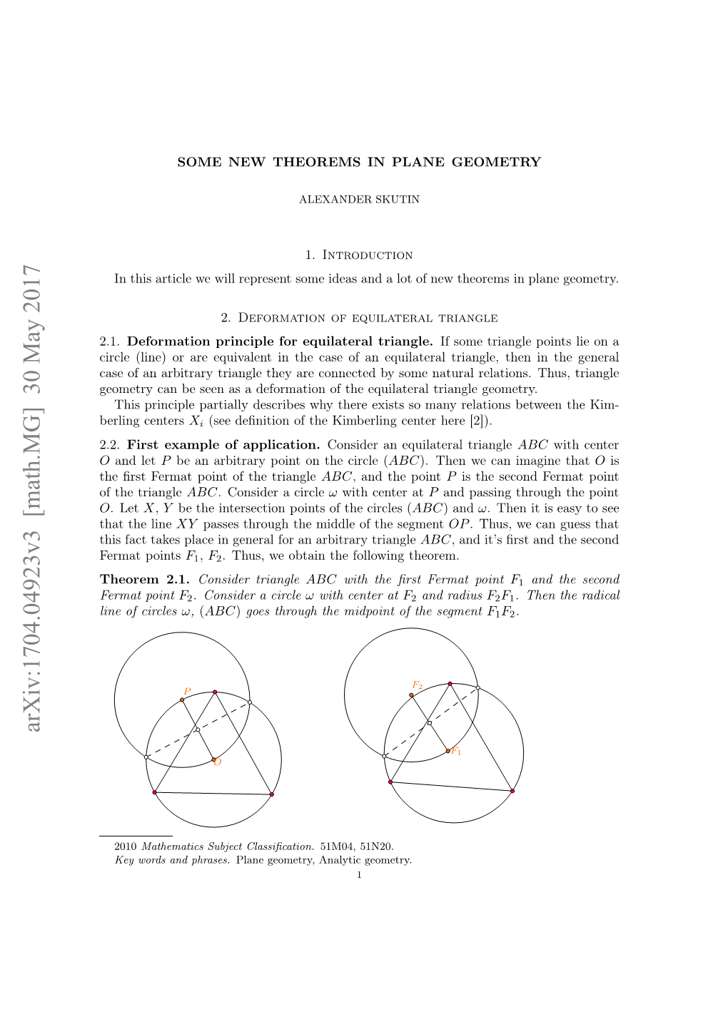 Some New Theorems in Plane Geometry